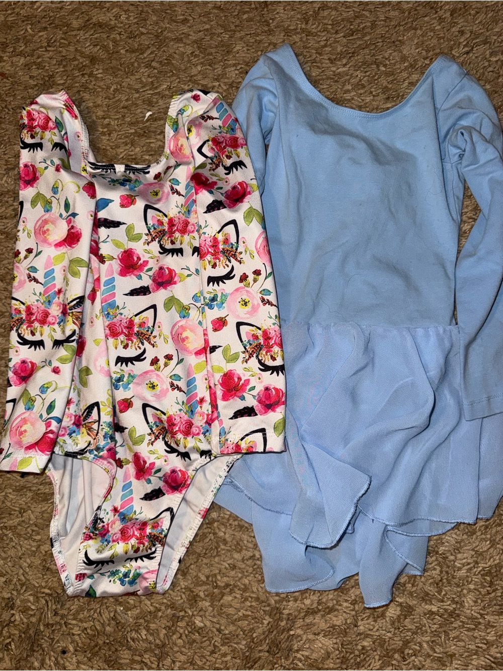 Girls Long-Sleeve Floral Unicorn Leotard and Light Blue Dance Dress Set